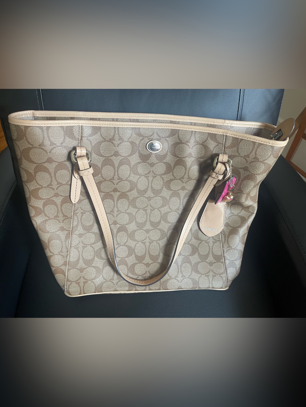 Coach Beige/Chalk Signature Canvas Tote with faux Leather Trim
